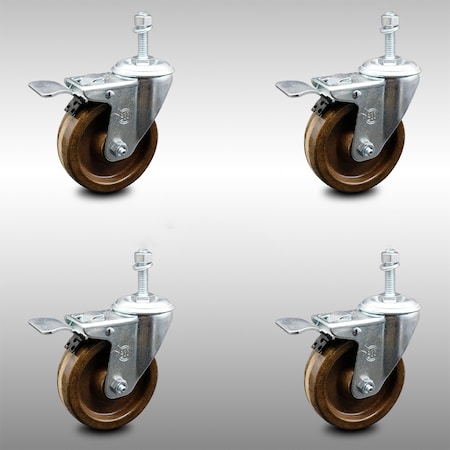Service Caster 4 Inch SS High Temp Phenolic 3/8 Inch Threaded Stem Caster Set Total Lock Brake SCC-SSTSTTL20S414-PHSHT-381615-4